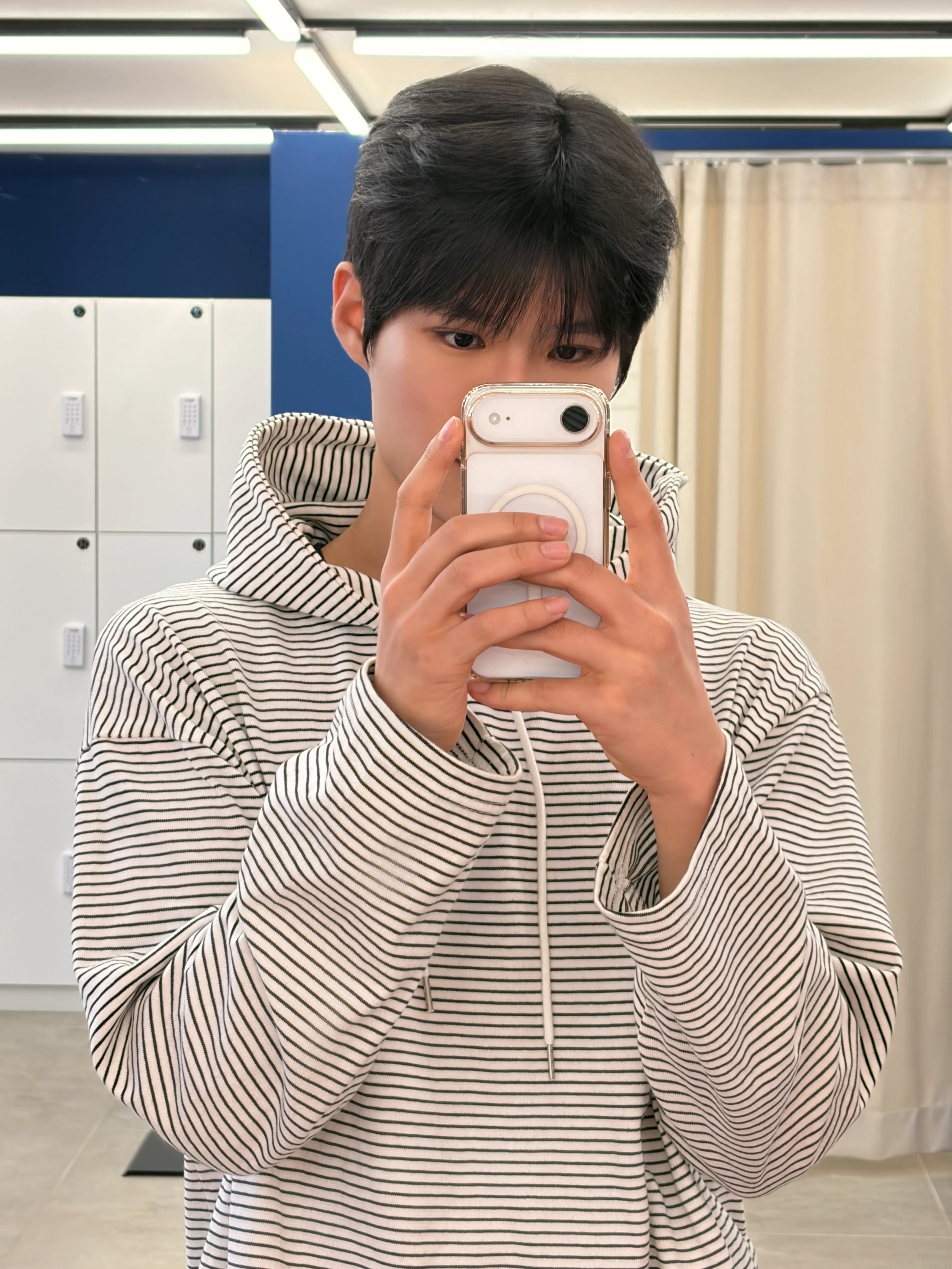 DAYSTAND 슬림 스트라이프 루즈 후드 티셔츠 추가 이미지 1